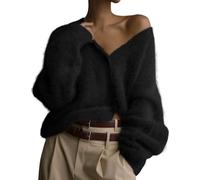 Yimoon Suéter Tipo cárdigan Mullido para Mujer, Cuello en V, Manga Larga, con Botones, suéter de Punto Peludo Holgado 2024, Negro -, S