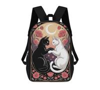 Yin Yang Cats with Moon And Flowers Mochila Escolar Infantil De 17 Pulgadas Con Estampado 3D De Películas De Anime Para Niños, Mochila De Viaje, Mochila Escolar Infantil