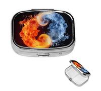 Yin Yang Fire - Pastillero de agua con espejo, 2 compartimentos, decorativo, para bolso o bolsillo, organizador de píldoras cuadrado pequeño, organizador semanal de metal, medicina, tableta, soporte