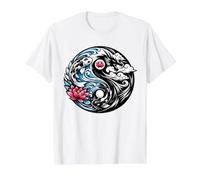 Yin Yang Koi Fish and Dragon Lotus Wave Zen símbolo japonés Camiseta gráfica económica, Hombre, Blanco, M