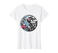 Yin Yang Koi Fish and Dragon Lotus Wave Zen símbolo japonés Camiseta gráfica económica, Mujer, Blanco, S