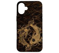Yin Yang Koi Fish and Japanese Waves Madera Grabado Vintage Carcasa para iPhone 16 Plus