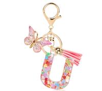 YINANLIN Llavero con letra inicial, bonito llavero de mariposa con lentejuelas rosas, resina del alfabeto, llavero con nombre y borla para mujer, rosado-U , General