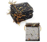 Yinchus 100 bolsas de organza con diseño de estrella de luna para joyas, 2,7 x 3,5, transparentes, de organza, con color: negro