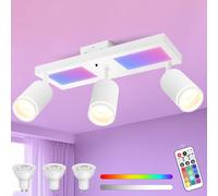 YindaLux Lámpara Techo Focos Giratorios GU10, RGB 25W 2850LM Foco de Techo con Mando a Distancia, Blanco Plafón de con 3 Focos con Luz Inferior 10W+3x5W GU10 para Salon