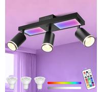YindaLux Lámpara Techo Focos Giratorios GU10, RGB 25W 2850LM Foco de Techo con Mando a Distancia, Negro Plafón de con 3 Focos con Luz Inferior 10W+3x5W GU10 para Salon