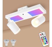YindaLux Lámpara Techo Focos Giratorios GU10, RGB Regulable 17W 2300LM Foco de Techo con Mando a Distancia, Blanco Plafón de Techo con 2 Focos con Luz Inferior 7W+2x5W GU10 para Salon