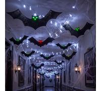 Yinder 12 piezas de decoración de techo de murciélago de Halloween con cadena de luces de batería, murciélagos colgantes espeluznantes decoración de pared y luces LED para fiestas en interiores, casa