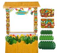 Yinder Kit de decoración de fiesta Tiki Bar Hut de 34 piezas, luces LED, guirnalda hawaiana de bar, guirnalda de pasto tropical, falda de mesa, hojas de palma, máscaras de papel Luau, decoración de