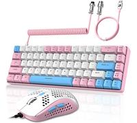 YINDIAO T8 60% RGB Juego de Teclado y Mouse para Juegos+Cable USB C en Espiral,Teclado Mecánico con Cable,US Layout,Compacto TKL de 68 Teclas,Mouse de Nido de Abeja,hasta 6400 dpi,para PC PS5,Rosa