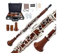 Yinfente Clarinete de palisandro chapado en plata, teclas Bb Flat Clarinete para estudiantes principiantes con 2 barriles estuche rígido kit de limpieza de boquilla de corcho guantes de grasa cañas