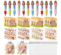 YINGENIVA Capybara Stationery Party Gift - Paquete de 12 divertidos premios de animales incluye bolígrafos 4 en 1, calcomanía de nota adhesiva y regalos de fiesta de cumpleaños, relleno de bolsas de
