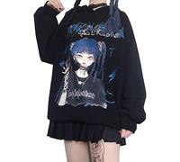 YINGKE Mujer Anime Manga Sudadera con Capucha Niña Japonesa Kawaii Jersey E-Girl Y2K Gótica Harajuku Pullover (L, C Negro)