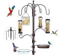 YINGYM Kit de estación de alimentación para pájaros de 6 Ganchos, Poste de comedero para pájaros Silvestres, Soporte de Acero con 4 comederos para pájaros, baño para pájaros y Bandeja de Malla, 94