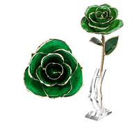 Yinhing Forever Green Rose Flor Artificial Chapada en Oro de 24k - Rosa Verde Real de Larga Duración con Hoja y Base para Decoración Artesanal y Ocasiones Especiales - Eternal of Love