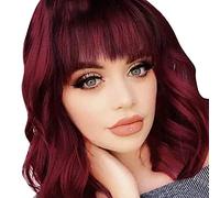 Yinhing Pelucas Rojas Onduladas Cortas con Flequillo, Cabello Sintético Térmico, Peluca Bob Suave y Rizada para Looks Elegantes para Uso Diario, Fiestas y Eventos especiales.