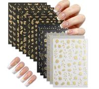 YinnFeen 14 Hojas Pegatinas de Uñas, Doradas con Flores y Mariposas Pegatinas de Uñas en Relieve, Autoadhesivas 3D Tatuajes Adhesivos Dorados para DIY Manicura Decoración de Uñas