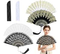 YinnFeen 4 Piezas Abanico de Encaje, Negro y Blanco Ventilador de Mano con Borla, Abanico de Mano Plegable Abanico Plegable Vintage con 2 Bolsas para Baile Boda Fiesta Decoración de Casa