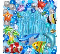 YinQin 176 piezas globos decorados para la fiesta de cumpleaños del Océano azul contienen bombas de aire, globos felices de cumpleaños del mundo marino, globos de cumpleaños del bebé tiburón (azul)
