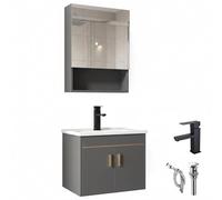 YINXSLO Mueble de baño con lavabo, 50 cm montado en la pared flotante con lavabo de cerámica y armario de almacenamiento de espejo, pino gris, grifo negro y desagüe incluidos (gris, 50 x 36 cm)