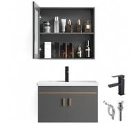 YINXSLO Mueble de baño con lavabo, 70 cm montado en la pared, con lavabo de cerámica y armario de almacenamiento de espejo, pino gris, grifo negro y desagüe incluidos (gris, 70 x 47 cm)