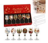 yiokeo Christmas Glasses Drinking, Christmas 3D Wine Glass Collection Gift Box Set with Snowflake Decor, Cocktail Compatible, Table Decor, for Wine, Cocktails, Holiday Party (6PCS+2*white rack)