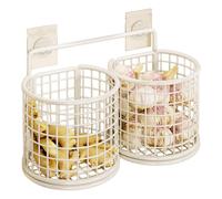 yiokeo Wall Mounted Metal Mesh Kitchen Basket Rack with Adhesive Hooks, No Drilling Hanging Wire Storage Shelf, for Garlic Onion Pasta Spices Fruits Snacks, Kitchen Counter Space Saving (2pcs-White)