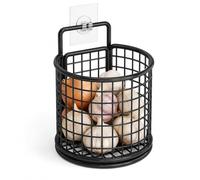 yiokeo Wall Mounted Metal Mesh Kitchen Basket Rack with Adhesive Hooks, No Drilling Hanging Wire Storage Shelf, for Garlic Onion Pasta Spices Fruits Snacks, Kitchen Counter Space Saving (1pcs-Black)