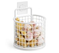 yiokeo Wall Mounted Metal Mesh Kitchen Basket Rack with Adhesive Hooks, No Drilling Hanging Wire Storage Shelf, for Garlic Onion Pasta Spices Fruits Snacks, Kitchen Counter Space Saving (1pcs-White)