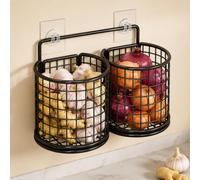yiokeo Wall Mounted Metal Mesh Kitchen Basket Rack with Adhesive Hooks, No Drilling Hanging Wire Storage Shelf, for Garlic Onion Pasta Spices Fruits Snacks, Kitchen Counter Space Saving (2pcs-Black)