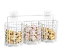 yiokeo Wall Mounted Metal Mesh Kitchen Basket Rack with Adhesive Hooks, No Drilling Hanging Wire Storage Shelf, for Garlic Onion Pasta Spices Fruits Snacks, Kitchen Counter Space Saving (3pcs-White)