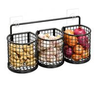 yiokeo Wall Mounted Metal Mesh Kitchen Basket Rack with Adhesive Hooks, No Drilling Hanging Wire Storage Shelf, for Garlic Onion Pasta Spices Fruits Snacks, Kitchen Counter Space Saving (3pcs-Black)