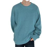 YIOLEAMP Los hombres elegantes del color sólido que hace punto los suéteres, otoño invierno flojo cuello redondo manga larga marea suéter, Azul y verde., L