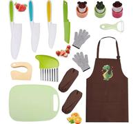 Yiomxhi Juego de Cuchillos de Plástico para Niños, 16 Cuchillos de Seguridad para Niños de Colores con Bordes Dentados para Cortar Frutas, Pan, Verduras, Delantal y Guantes