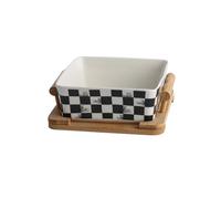 YIORYO Ensaladera - Versátil bol de cerámica for postres y frutas, ensaladeras for fiestas con base de madera - Imprescindible elegante y práctico for la cocina(A)
