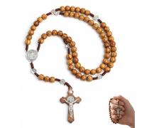 YIPFEN Collar de Rosario Católico con Cuentas de Madera y Colgante de Cruz, Grabado con Imagen de Jesucristo, Ideal para Sacramentos, Bautizos, Misas y Lecturas Bíblicas