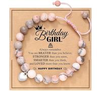 Yiqicomle Pulsera de piedra natural rosa, regalo de cumpleaños para niña, pulsera de cebra rosa con dije de corazón y tarjeta de mensaje dulce para niñas, hija, nieta, sobrina, talla única, Piedra, No