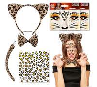 YIQILAIYA - Disfraz de leopardo para mujer, 7 piezas, leopardo orejas, diadema resiliente, cola, pajarera, tatuaje, cara para adultos, niños, carnival Halloween, animales cosplay fiesta