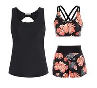 YiQinzcxg Mujer Traje de baño de 3 piezas con estampado floral Bañador Bañador Mujer Push Up Tankini Trajes de baño para ropa de playa Traje de baño con estampado floral Tankini Trajes de baño Deporte