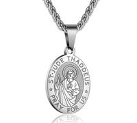 YIQPKUM Collar Religioso Medalla de San Judas Tadeo Colgante Ovalado de Santo Católico Cadena de Acero Inoxidable Accesorios Inspiracionales Joyería Regalos (Plateado)