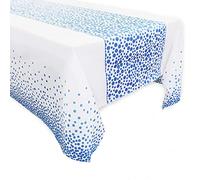 Yiran 1 Piezas Mantel Desecheble Blanco y Azul Mantel Rectangular Dorado Cubierta de Mesa para Banquetes, Baby Shower, Cumpleaños de Niños, Tertulia,137 cm x 274 cm