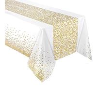 Yiran 1 Piezas Mantel Desecheble Fiesta Oro Blanco Mantel Rectangular Dorado Cubierta de Mesa para Despedida de Soltera, Compromiso, Boda, Housewarming, Banquetes,137 cm x 274 cm