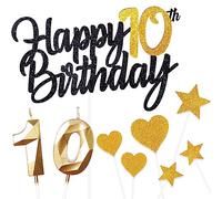 Yiran 9 piezas de decoración para tartas de cumpleaños,Glitter Happy 10th Birthday Cake Toppe Decoración,Numérica 10 Vela decoración para tartas,Oro Negro Adornos para Fiesta de Cumpleaños Niñas Niños