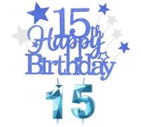 Yiran 9 piezas de decoración para tartas de cumpleaños,Glitter Happy 15th Birthday Cake Toppe Decoración,Numérica 15 Vela decoración para tartas,Azul Adornos para Fiesta de Cumpleaños Niñas Niños