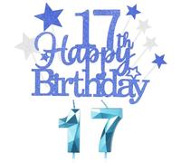 Yiran 9 piezas de decoración para tartas de cumpleaños,Glitter Happy 17th Birthday Cake Toppe Decoración,Numérica 17 Vela decoración para tartas,Azul Adornos para Fiesta de Cumpleaños Niñas Niños
