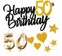 Yiran 9 piezas de decoración para tartas de cumpleaños,Glitter Happy 50th Birthday Cake Toppe Decoración,Numérica 50 Vela decoración para tartas,Oro Negro Adornos para Fiesta de Cumpleaños Niñas Niños