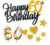 Yiran 9 piezas de decoración para tartas de cumpleaños,Glitter Happy 60th Birthday Cake Toppe Decoración,Numérica 60 Vela decoración para tartas,Oro Negro Adornos para Fiesta de Cumpleaños Niñas Niños