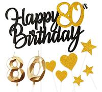 Yiran 9 piezas de decoración para tartas de cumpleaños,Glitter Happy 80th Birthday Cake Toppe Decoración,Numérica 80 Vela decoración para tartas,Oro Negro Adornos para Fiesta de Cumpleaños Niñas Niños