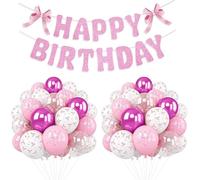 Yiran Bow Decoracion Cumpleaños con HAPPY BIRTHDAY Banner y Globos Cumpleaños Blanco Rosa, 19Piezas Princess Birthday Party Deco para Niños Adultos