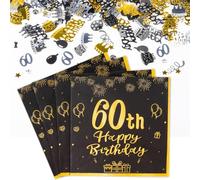 Yiran Decoracion Cumpleaños 60 Años Oro Negro incluyen 20 Piezas Servilletas Papel y 15g Confeti de 60 Cumpleaños, Happy 60th Birthday Decoracion de Fiestas Cumpleaños para Hombres y Mujeres